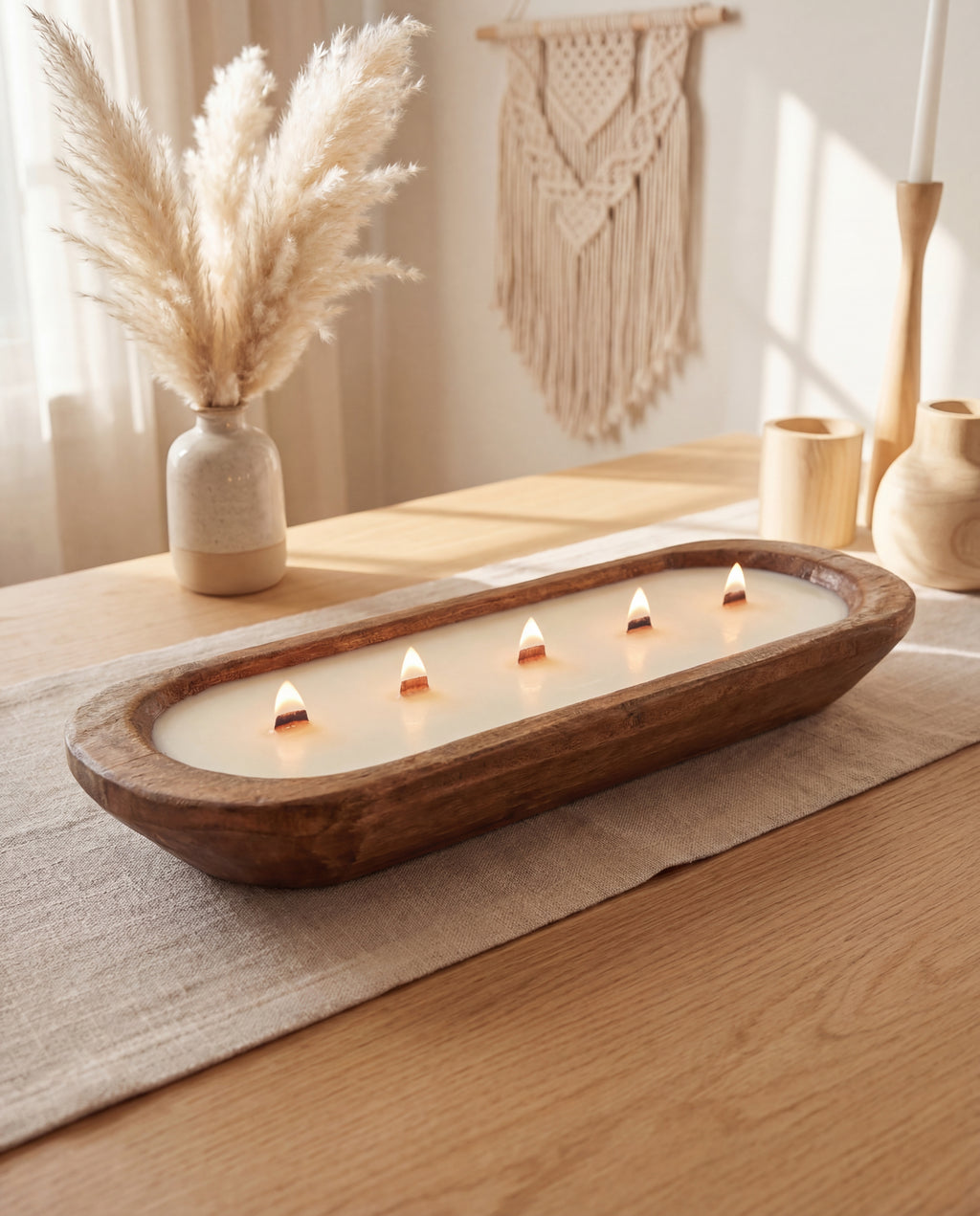 Wooden Dough Bowl Candle – Handmade Soy Wax Candle with Wooden Wicks – Rustic Home Decor