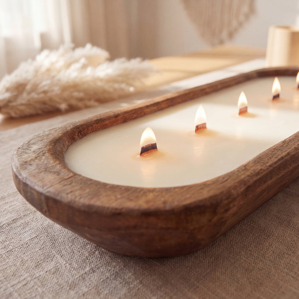 Wooden Dough Bowl Candle – Handmade Soy Wax Candle with Wooden Wicks – Rustic Home Decor
