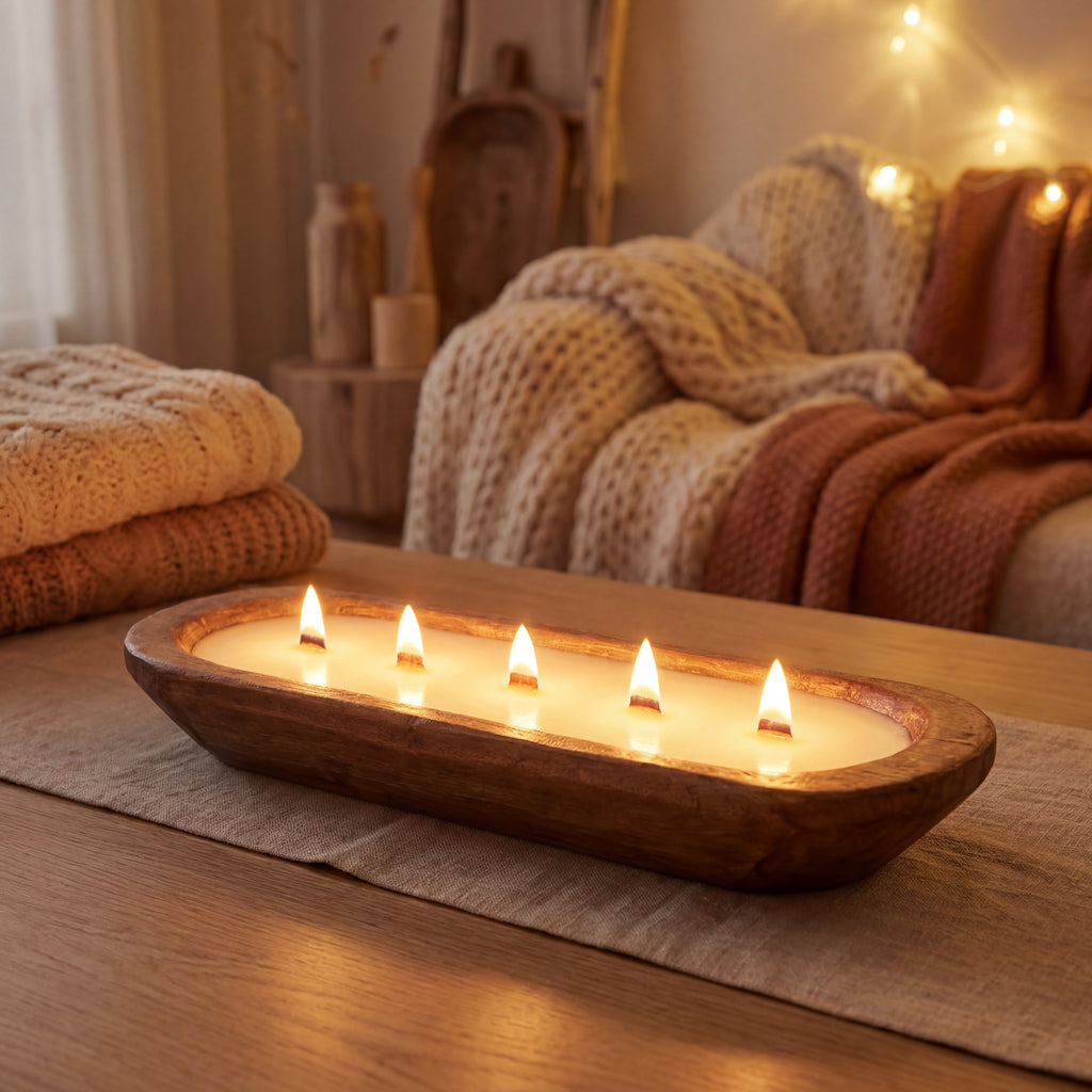 Wooden Dough Bowl Candle – Handmade Soy Wax Candle with Wooden Wicks – Rustic Home Decor